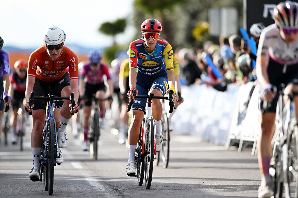 VILA-REAL, SPAIN - FEBRUARY 13: Elisa Balsamo of Italy and Team Lidl - Trek crosses the finish line during the 10th Setmana Ciclista - Volta Femenina de la Comunitat Valenciana 2026, Stage 2 a 115.5km stage from Vila-Real to Vila-Real on February 13, 2026 in Vila-Real, Spain. (Photo by Szymon Gruchalski/Getty Images)