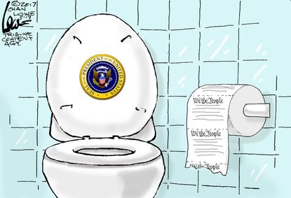 Political cartoon U.S. Trump Constitution toilet