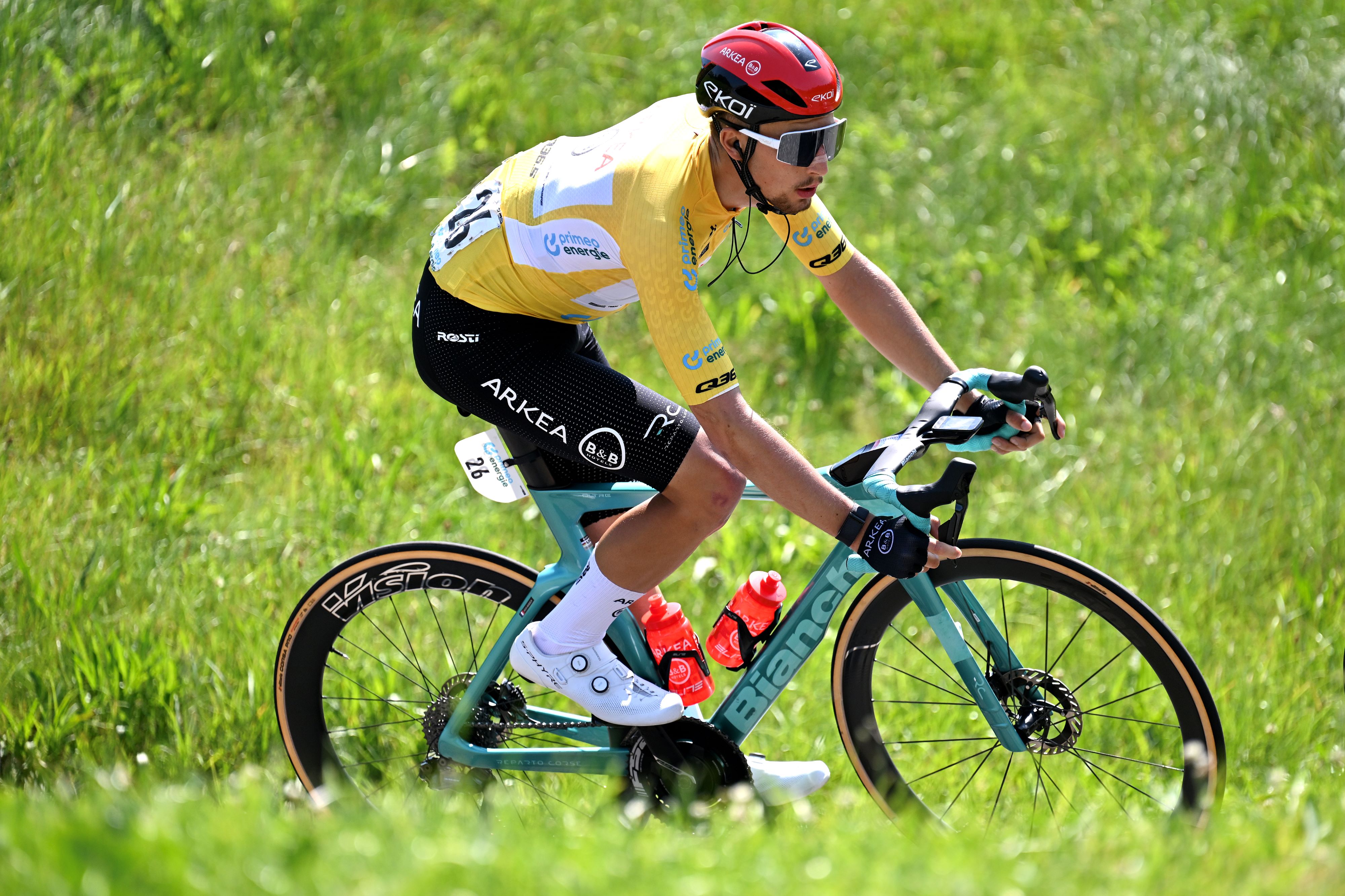 Kévin Vauquelin in yellow at the Tour de Suisse 2025.