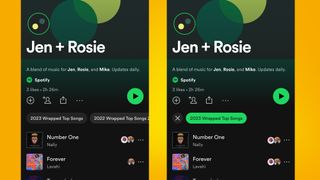 Two phones on an orange background showing Spotify Wrapped 2023 with Blend