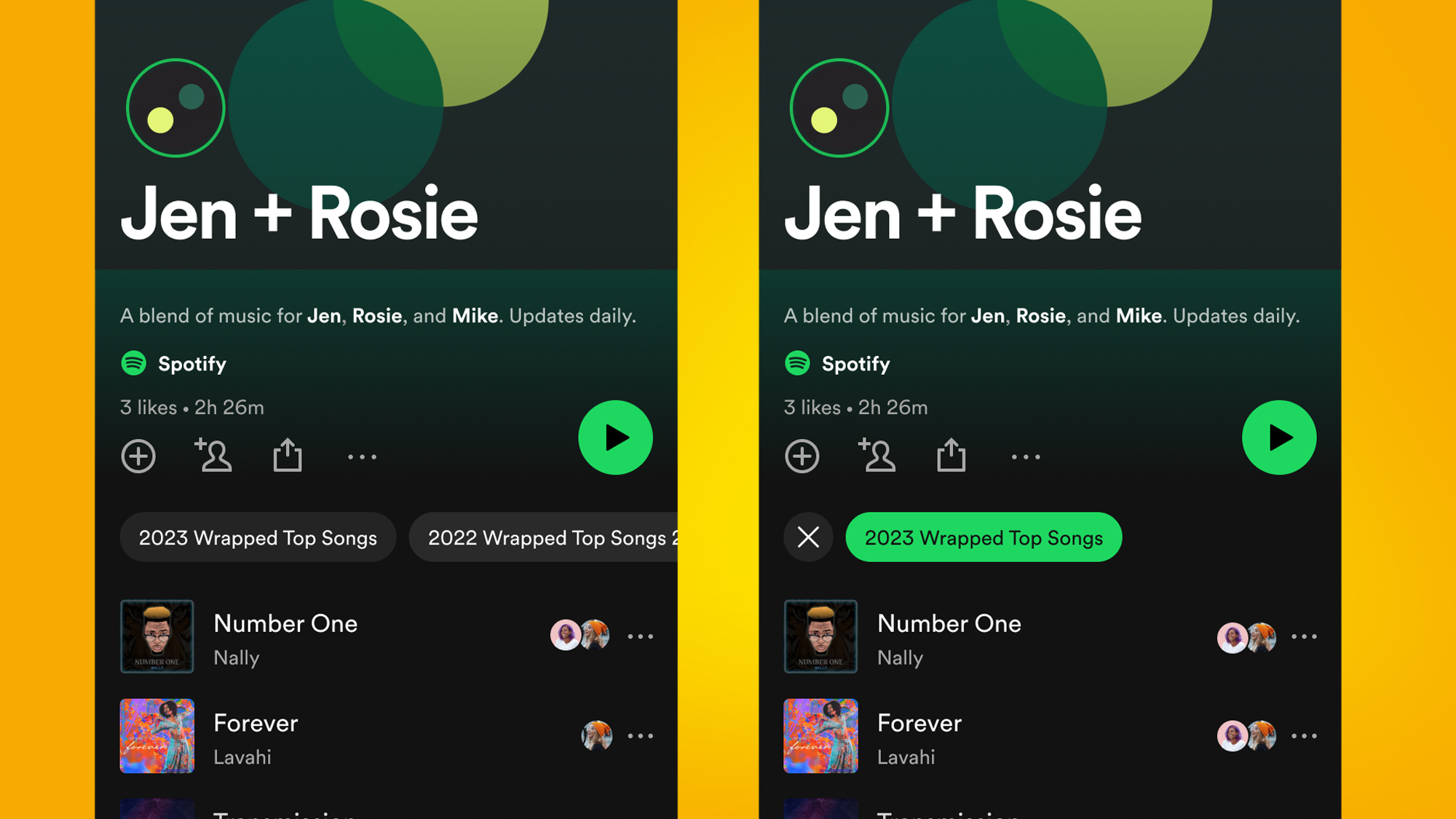 دو گوشی در پس‌زمینه نارنجی که Spotify Wrapped 2023 با Blend را نشان می‌دهند