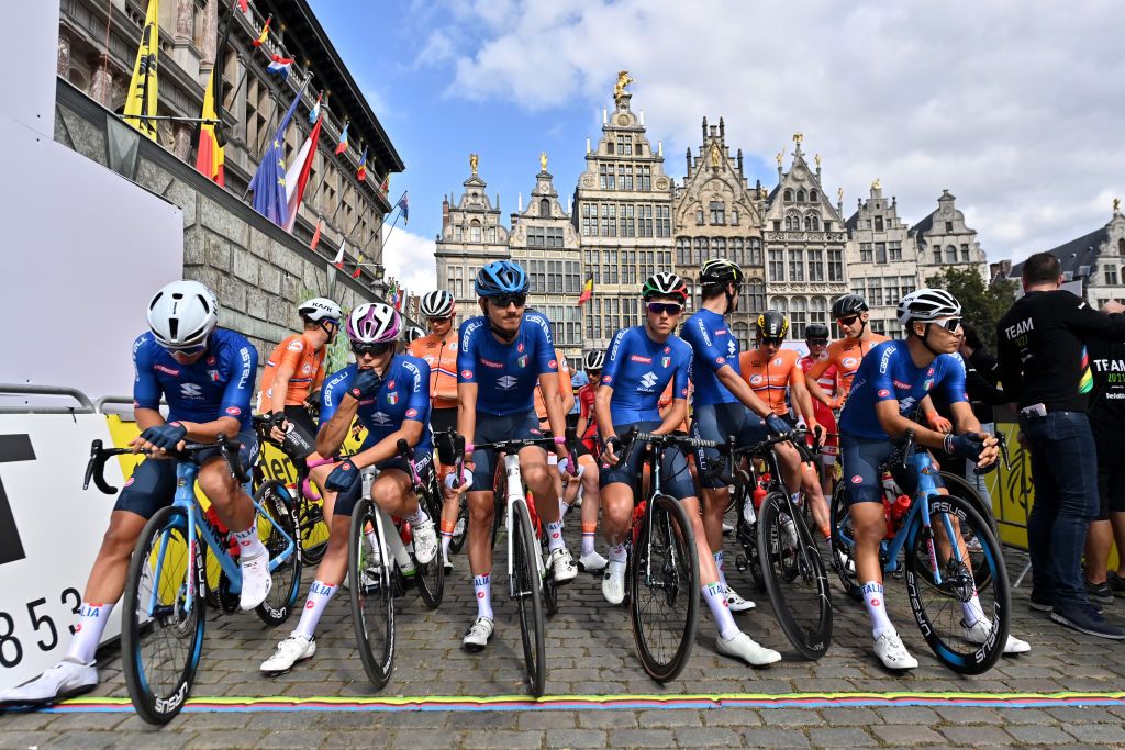 LEUVEN BELGIUM SEPTEMBER 24 Filippo Baroncini of Italy Luca Coati of Italy Luca Colnaghi of Italy Marco Frigo of Italy Michele Gazzoli of Italy and Filippo Zana of Italy prepare prior to the 94th UCI Road World Championships 2021 Men U23 Road Race a 1609km race from Antwerp to Leuven flanders2021 on September 24 2021 in Leuven Belgium Photo by Dirk Waem PoolGetty Images
