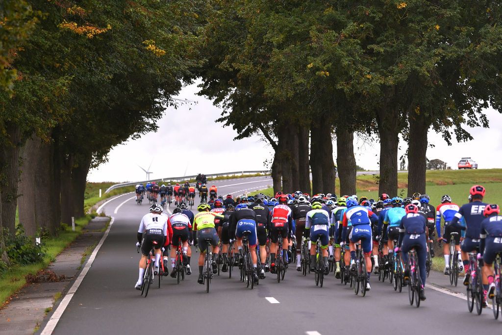 GERAARDSBERGEN BELGIUM OCTOBER 03 Peloton Landscape during the 16th BinckBank Tour 2020 Stage 5 a 1836km stage from Ottignies Louvain la Neuve to Muur van Geraardsbergen 108m BinckBankTour BinckBankTour on October 03 2020 in Geraardsbergen Belgium Photo by Luc ClaessenGetty Images