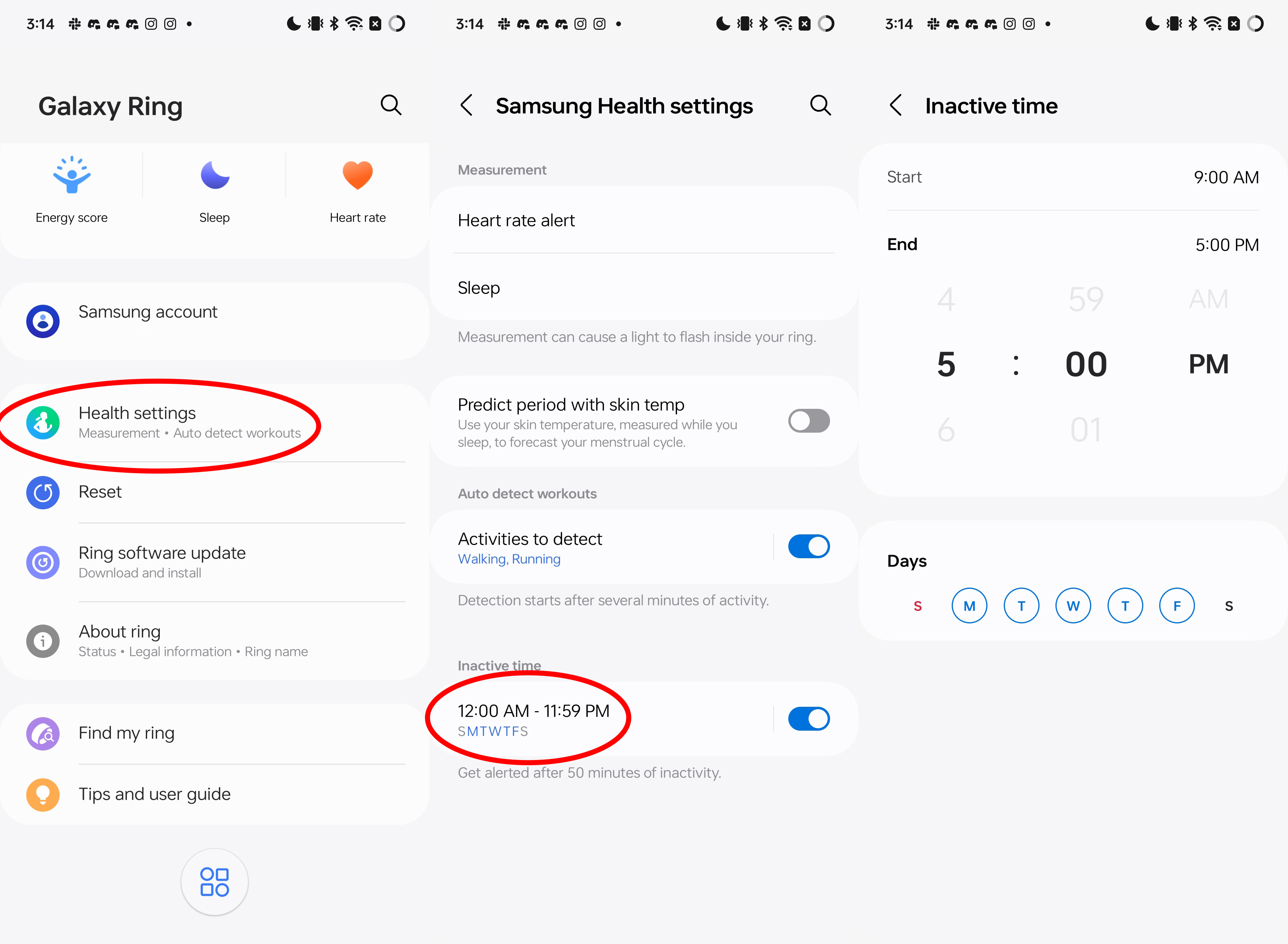 How to edit the inactive time alerts on a Samsung Galaxy Ring