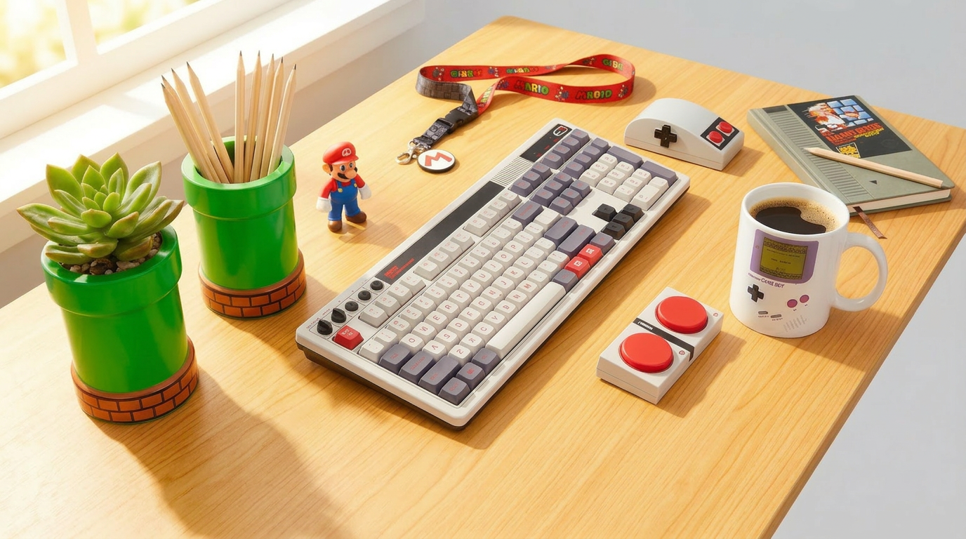 A selection of Nintendo and Super Mario office gear on a desk