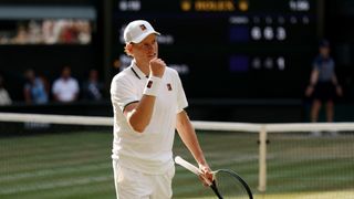 Jannik Sinner of Italy celebrates a point during a match at Wimbledon 2026.
