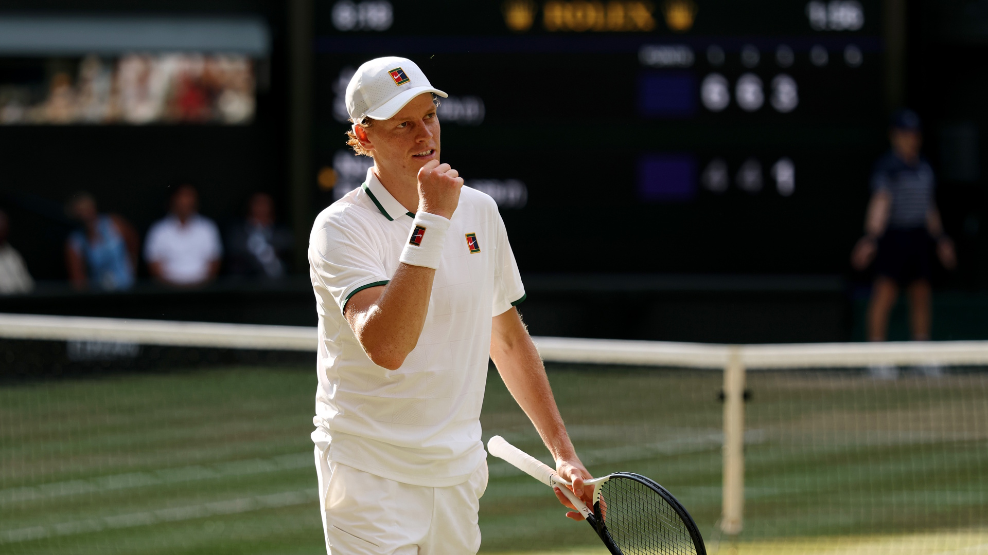 Jannik Sinner of Italy celebrates a point during a match at Wimbledon 2026.