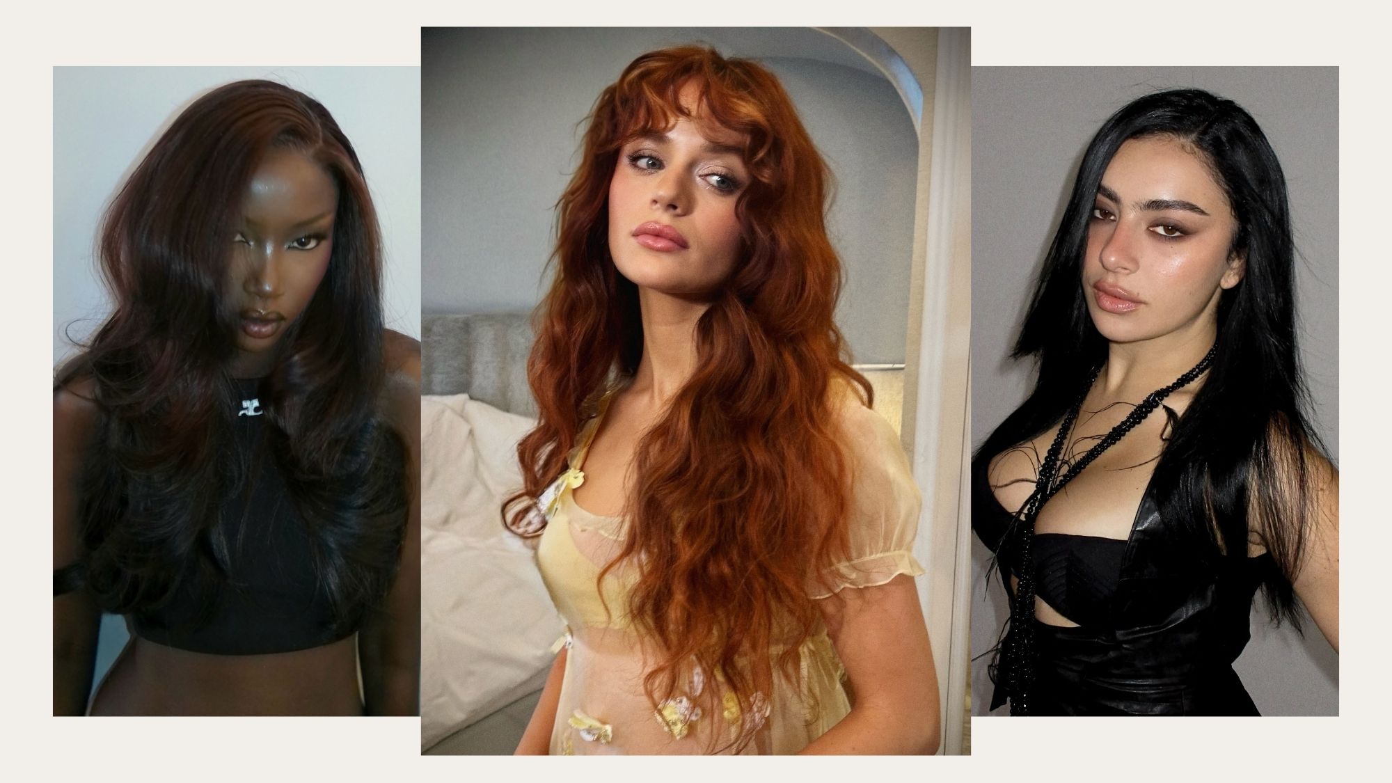 Images of Charli XCX, Anok Yai, and Joey King wearing trendy dark hair colors.