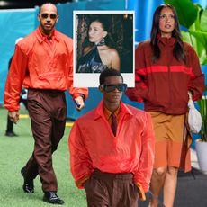 A collage featuring images of YSL looks worn throughout the 2026 Miami Grand Prix on Hailey Bieber, Lewis Hamilton, and Alexandra Leclerc.