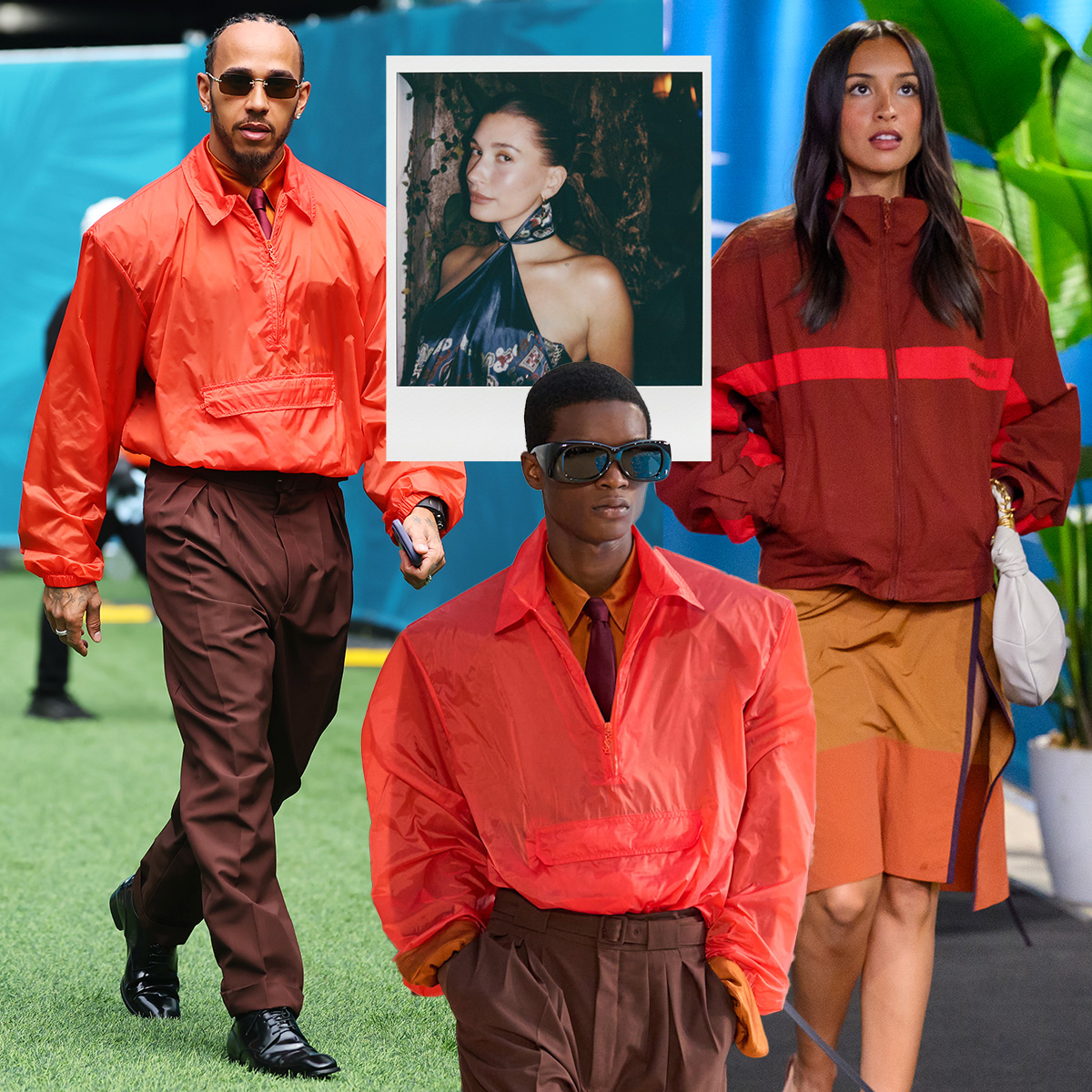 A collage featuring images of YSL looks worn throughout the 2026 Miami Grand Prix on Hailey Bieber, Lewis Hamilton, and Alexandra Leclerc.