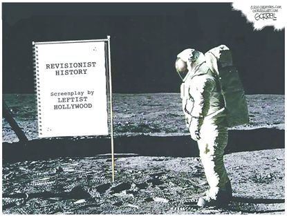 Editorial cartoon U.S. movie First Man on the moon leftist Hollywood revisionist history