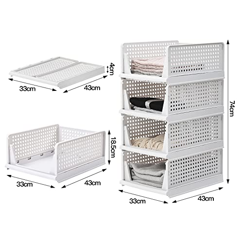 4 Pack Stackable Wardrobe Storage Organiser With Shelves and Drawers - Plastic Clothes Organiser Baskets for Closet