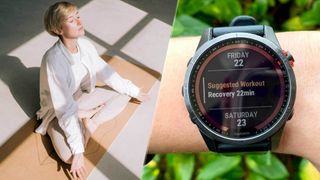 Right image Garmin watch on wrist, left image woman seated breathing exercise
