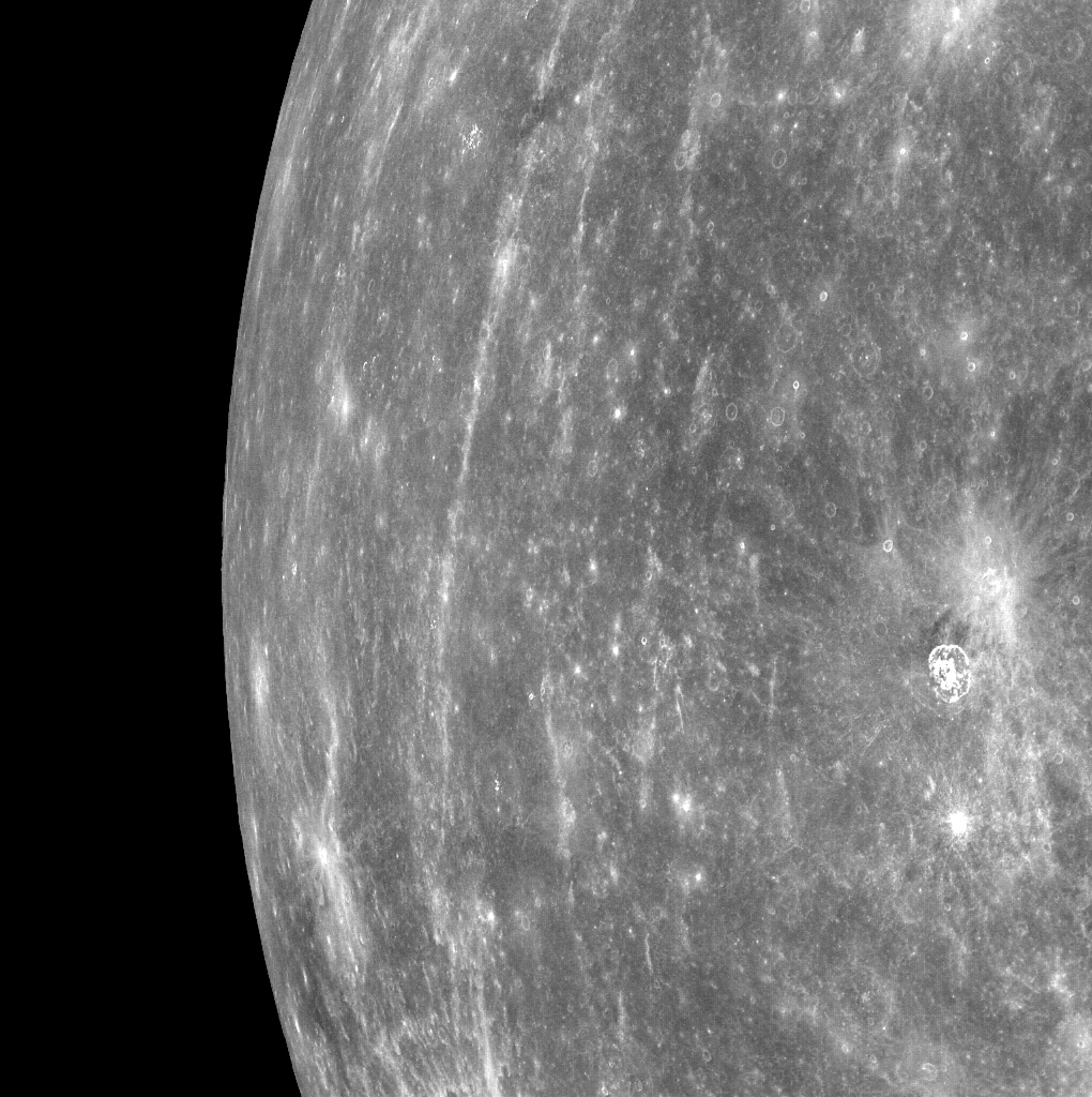 A view of the horizon of Mercury, taken by NASA&#039;s Messenger spacecraft on March 29, 2011. The picture shows a stretch of land about 750 miles long, from top to bottom.