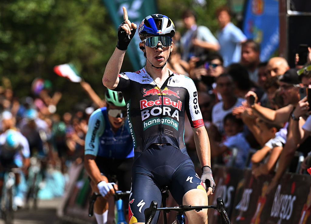 BURGOS, SPAIN - AUGUST 05: Roger Adria of Spain and Team Red Bull - BORA - hansgrohe celebrates at finish line as stage winner during the 47th Vuelta a Burgos 2025, Stage 1 a 204.7km stage from Olmillos de Sasamon to Burgos on August 05, 2025 in Burgos, Spain. (Photo by Antonio Baixauli/Getty Images)