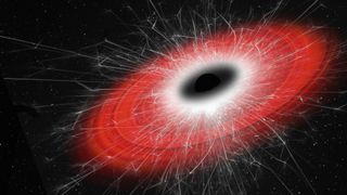 An illustration showing jagged white lines coming out of a black hole with a red halo