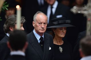 Norton Knatchbull, 3rd Earl Mountbatten of Burma, and Penelope Knatchbull leaving the funeral of Countess Mountbatten of Burma at St Paul's Church, Knightsbridge, in 2017.