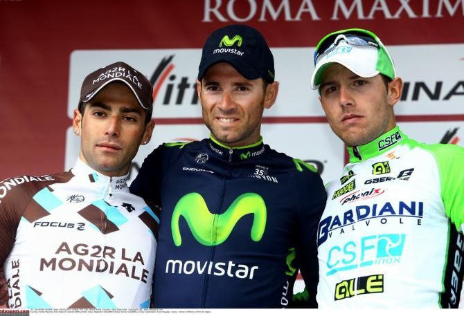 Valverde on the 2014 Roma Maxima podium with Domenico Pozzovivo (Ag2r-La Mondiale) and Sonny Colbrelli (Bardiani-CSF)