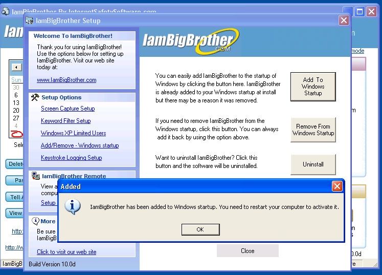 IamBigBrother Image: The app's options include adding the software to the Windows startup process or removing it from startup process. Once installation is complete, the computer will need a reboot.