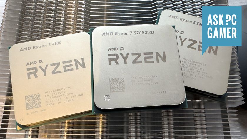 A photo of three AMD CPUs resting on a metal surface, with an &#039;Ask PC Gamer&#039; logo in the top right hand corner