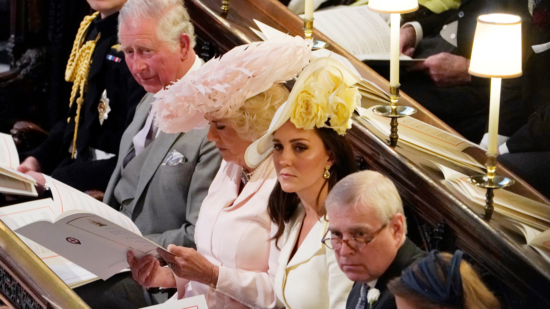 King Charles, Queen Camilla, Kate Middleton and Prince Andrew sit together at Meghan Markle and Prince Harry's wedding in May 2018