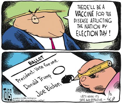 Political Cartoon U.S. Trump vaccine election 2020 Biden