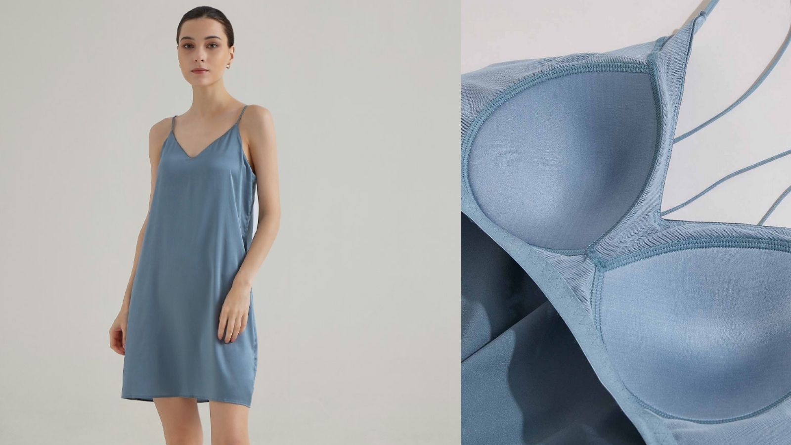 model wearing blue slip dress and showing inside of the slip dress