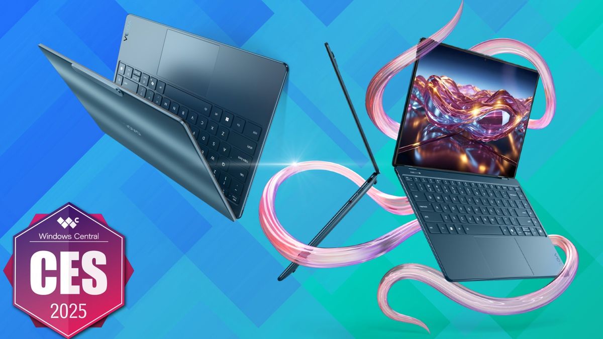 Render of the Lenovo Yoga Slim 9 14 (Gen 10) Aura Edition on a blue background with the &quot;Windows Central @ CES 2025&quot; badge.