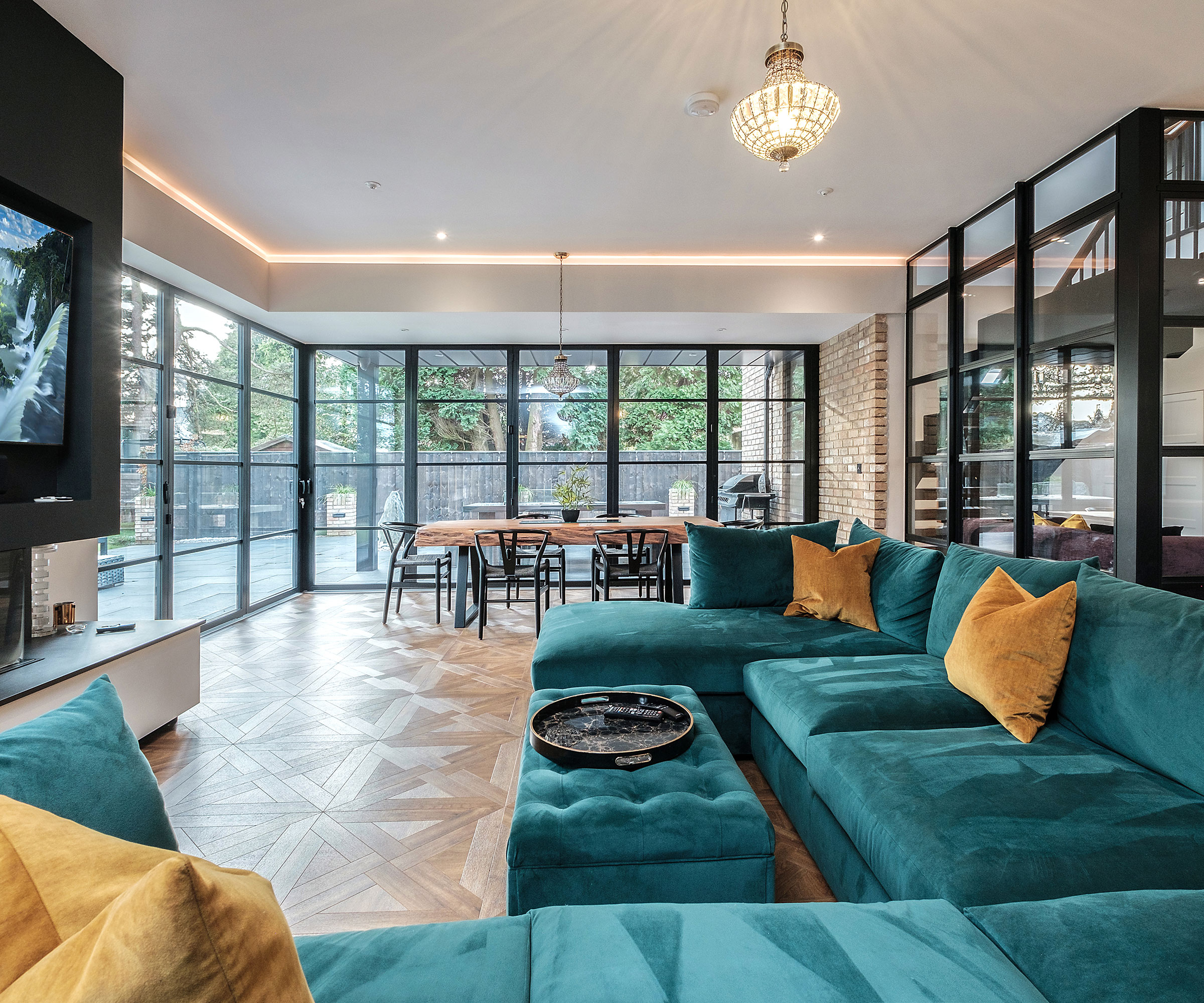 contemporary living space with heritage-style exterior and interior aluminium glazing