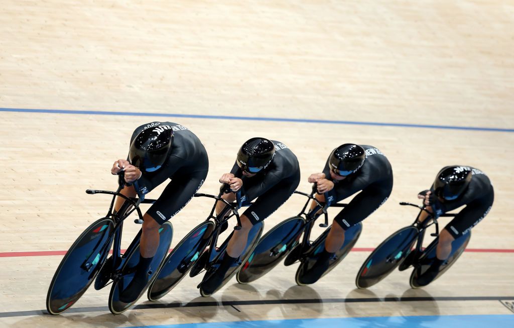 PARIS FRANCE AUGUST 06 Ally Wollaston Bryony Botha Emily Shearman and Nicole Shields of Team New Zealand compete during the Womens Team Pursuit Qualifying on day eleven of the Olympic Games Paris 2024 at SaintQuentinenYvelines Velodrome on August 06 2024 in Paris France Photo by Tim de WaeleGetty Images