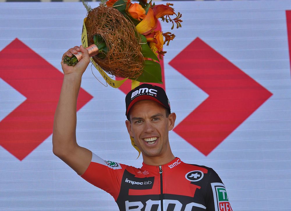 Ricie Porte on the Tour Down Under podium after winning stage 5.