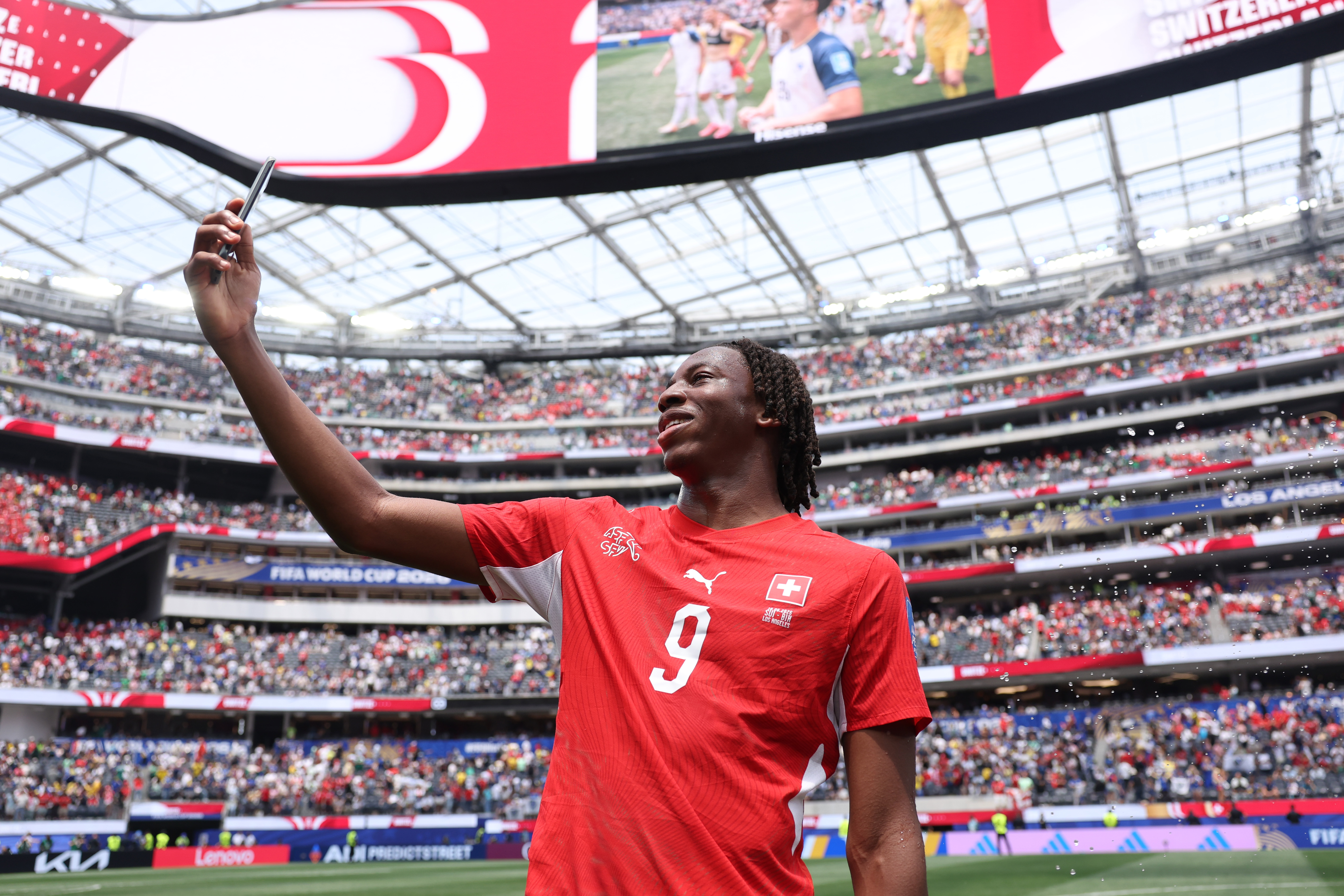 INGLEWOOD, CALIFORNIA - JUNE 18: Johan Manzambi #9 of Switzerland celebrates after the 4-1 win during the FIFA World Cup 2026 Group B match between Switzerland and Bosnia and Herzegovina at Los Angeles Stadium on June 18, 2026 in Inglewood, California. (Photo by Alex Livesey - FIFA/FIFA via Getty Images)