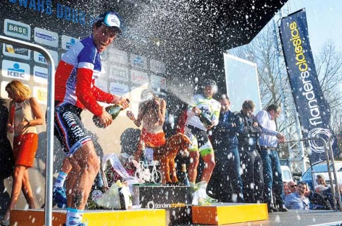 Dwars Door Vlaanderen podium: Chavanel, de Kort and Terpstra celebrate