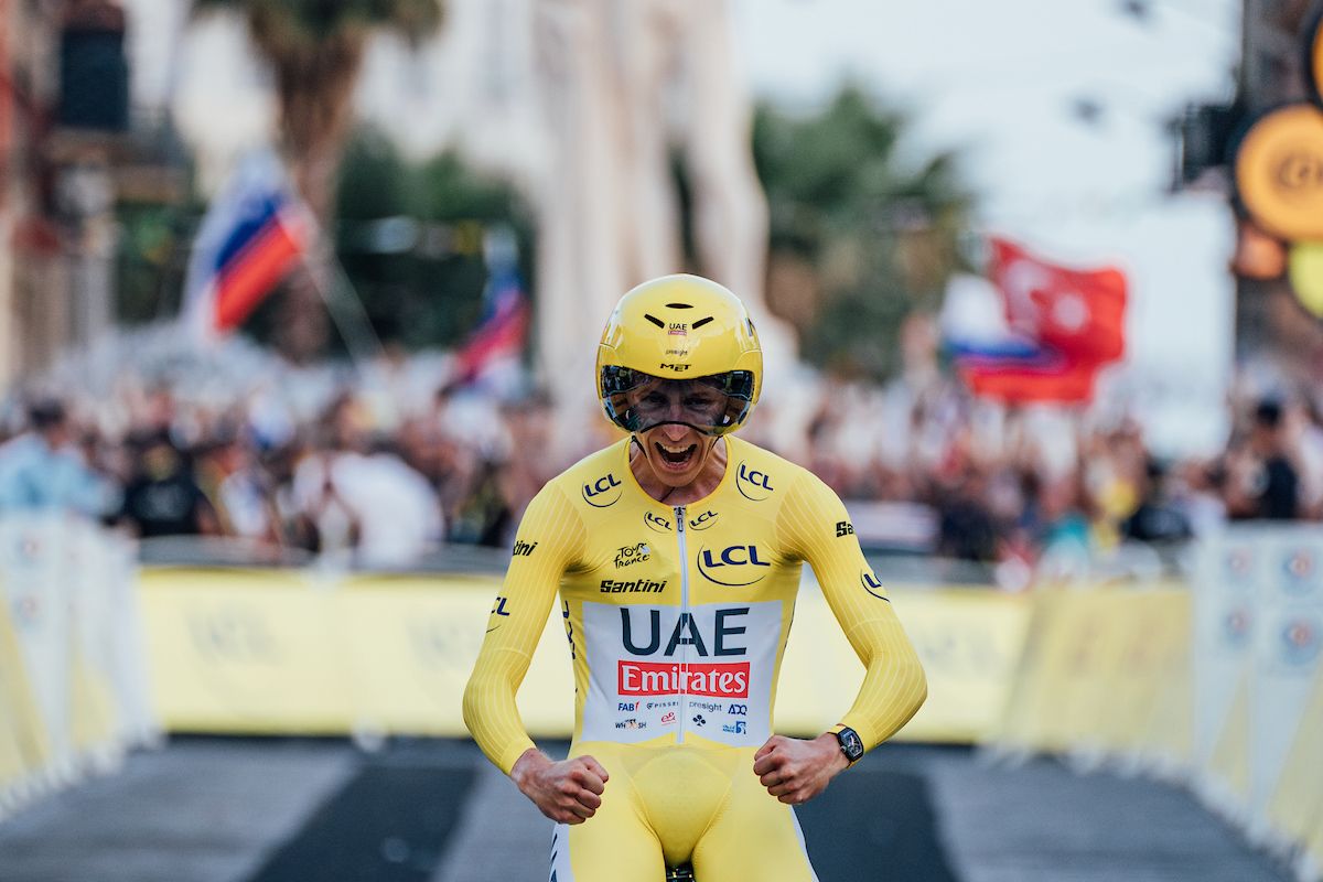 Picture by Zac Williams/SWpix.com - 21/07/2024 - Cycling - 2024 Tour de France - Stage 21 ITT, Monaco - Nice, France - Tadej Pogacar, UAE Team Emirates, wins the 2024 Tour de France.