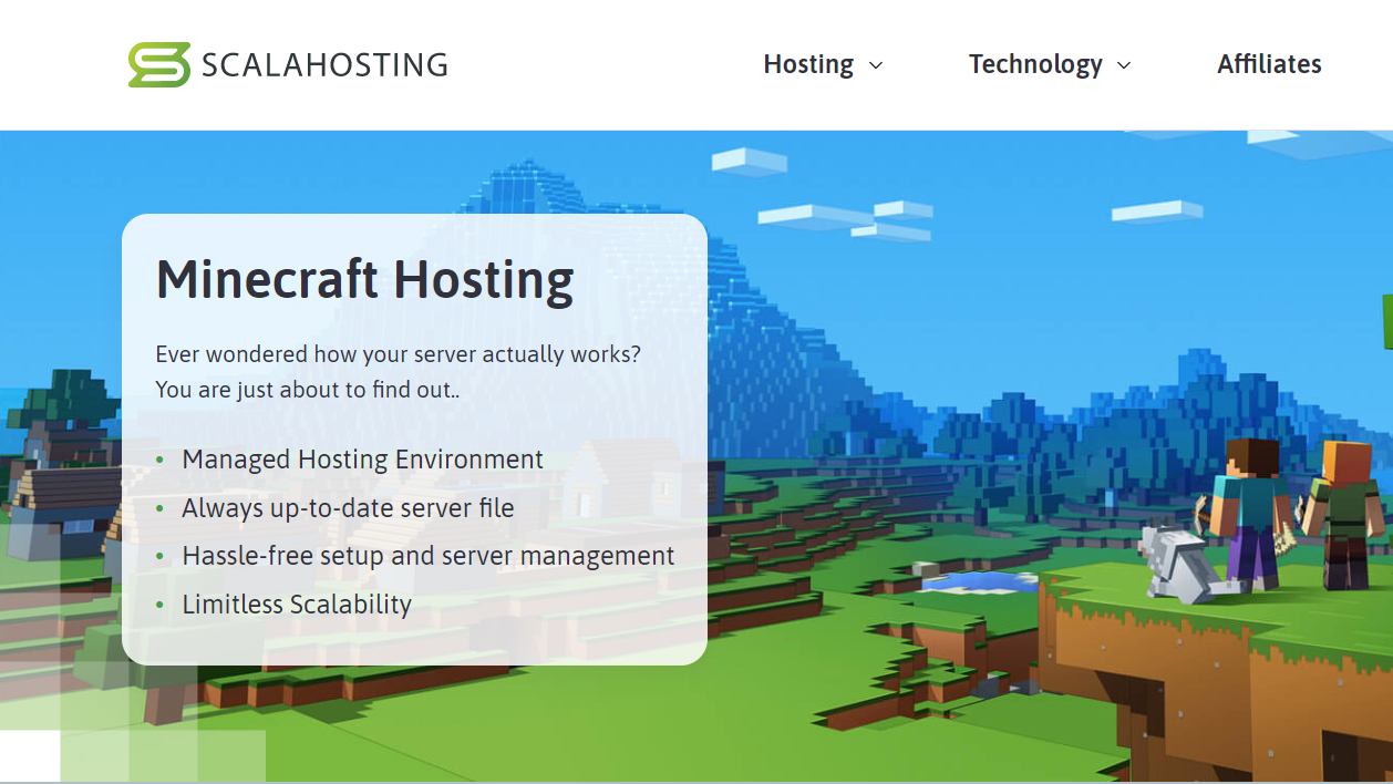 Screenshot of ScalaHosting's Minecraft server hosting homepage
