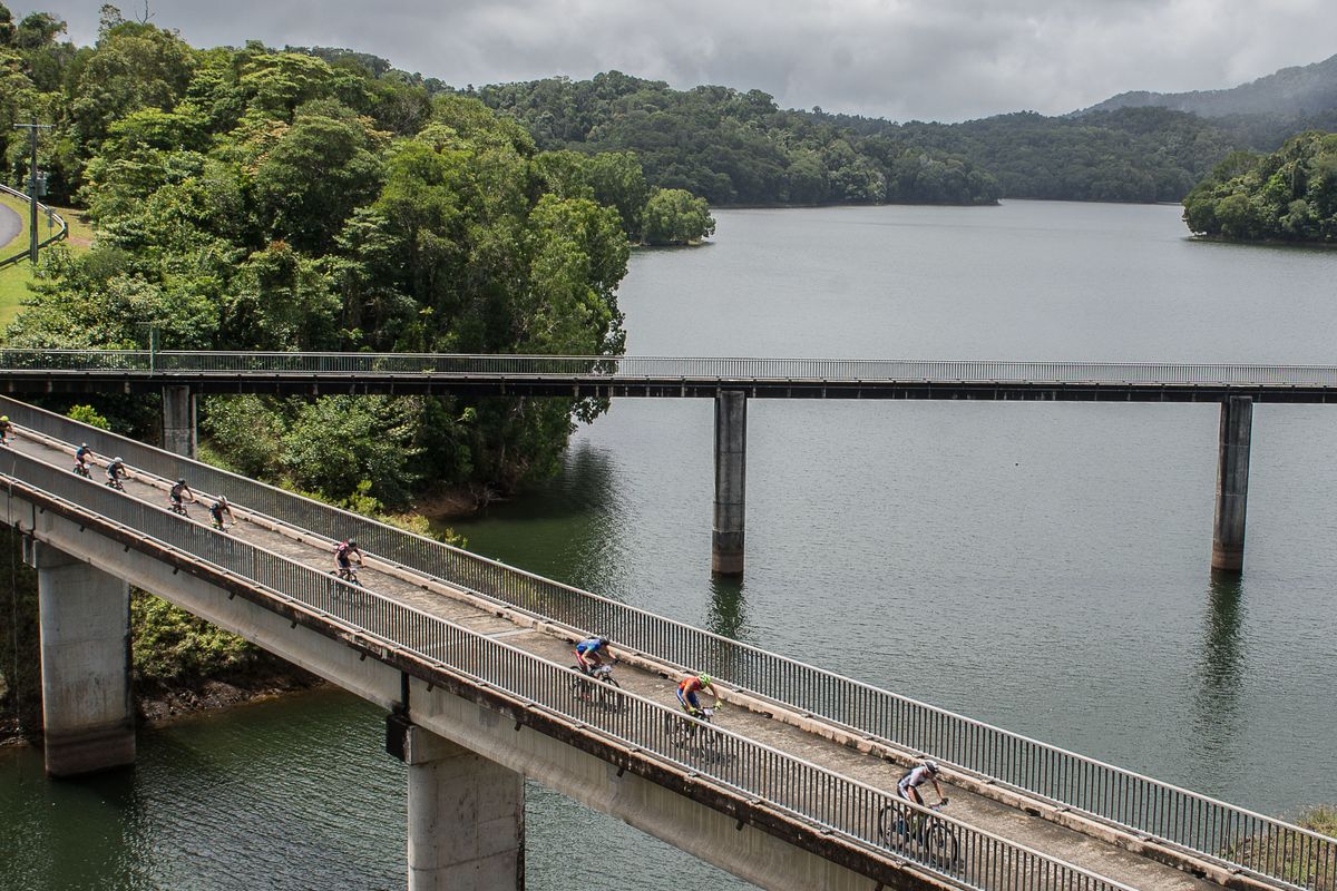 The lead group with (top three from the the front) Huber, Pettina and Johnston crossing Copperlode Dam.