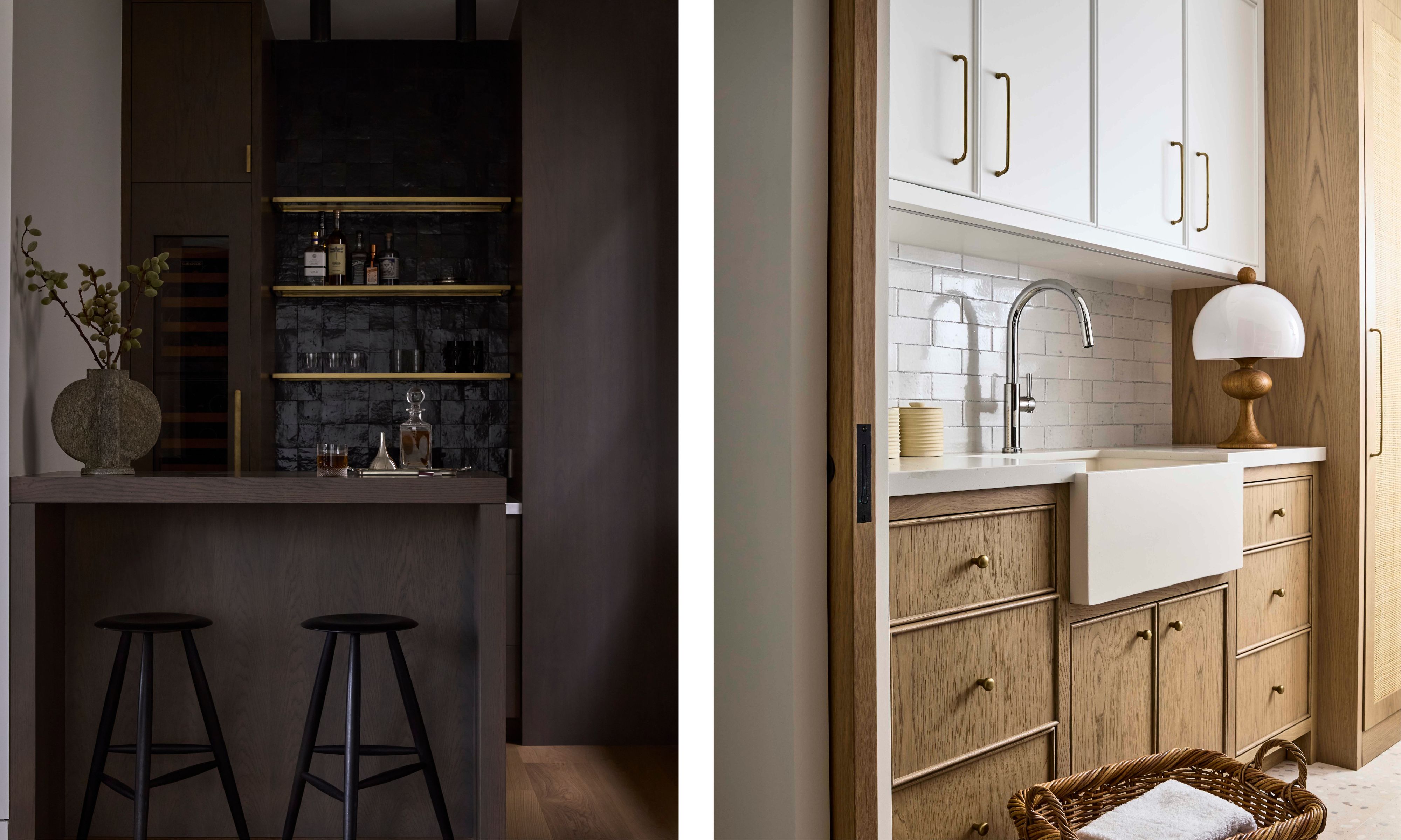 two side by side images of a dark wooden moody wet bar and a white and oak laundry space
