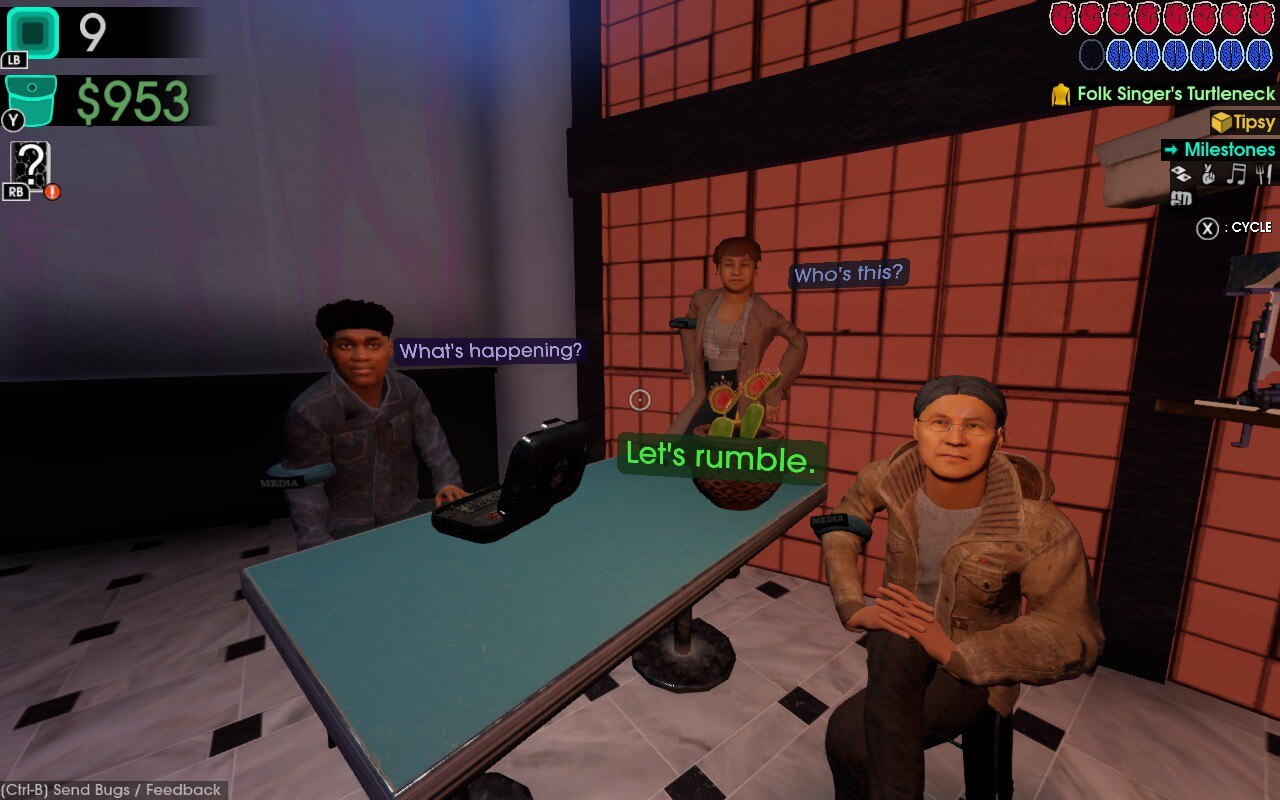 Reporters at table looking expectantly at player in Moves of the Diamond Hand