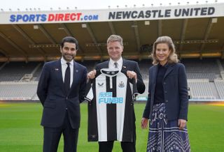 Amanda Staveley and husband Mehrdad Ghodoussi (left) with newly-appointed Newcastle head coach Eddie Howe