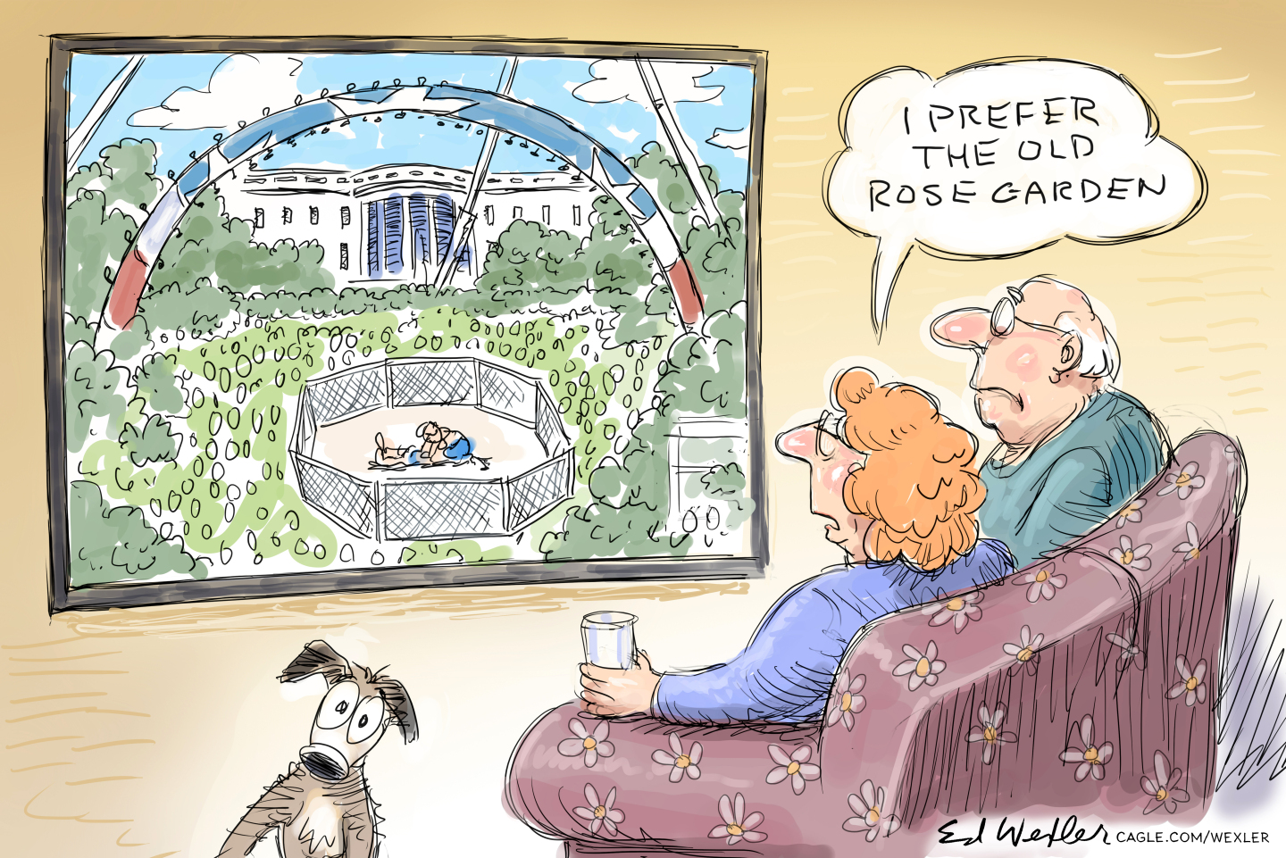 An older woman and man sit on their couch watching television. Their dog is nearby and looks surprised. The scene on the TV is a cage match at the White House. The woman says, &amp;ldquo;I prefer the old rose garden.&amp;rdquo;