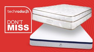 A Saatva Classic and Helix Midnight mattress against a red background with a badge saying "DON'T MISS"