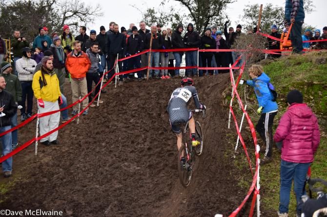 Brady Kappius (Cliff Bar) riding a steep pitch in the mud