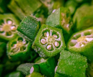 Close up slices of okra with seeds