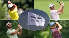 A Scottish Open flag and Hideki Matsuyama, Jordan Spieth, Max Homa and Rickie Fowler