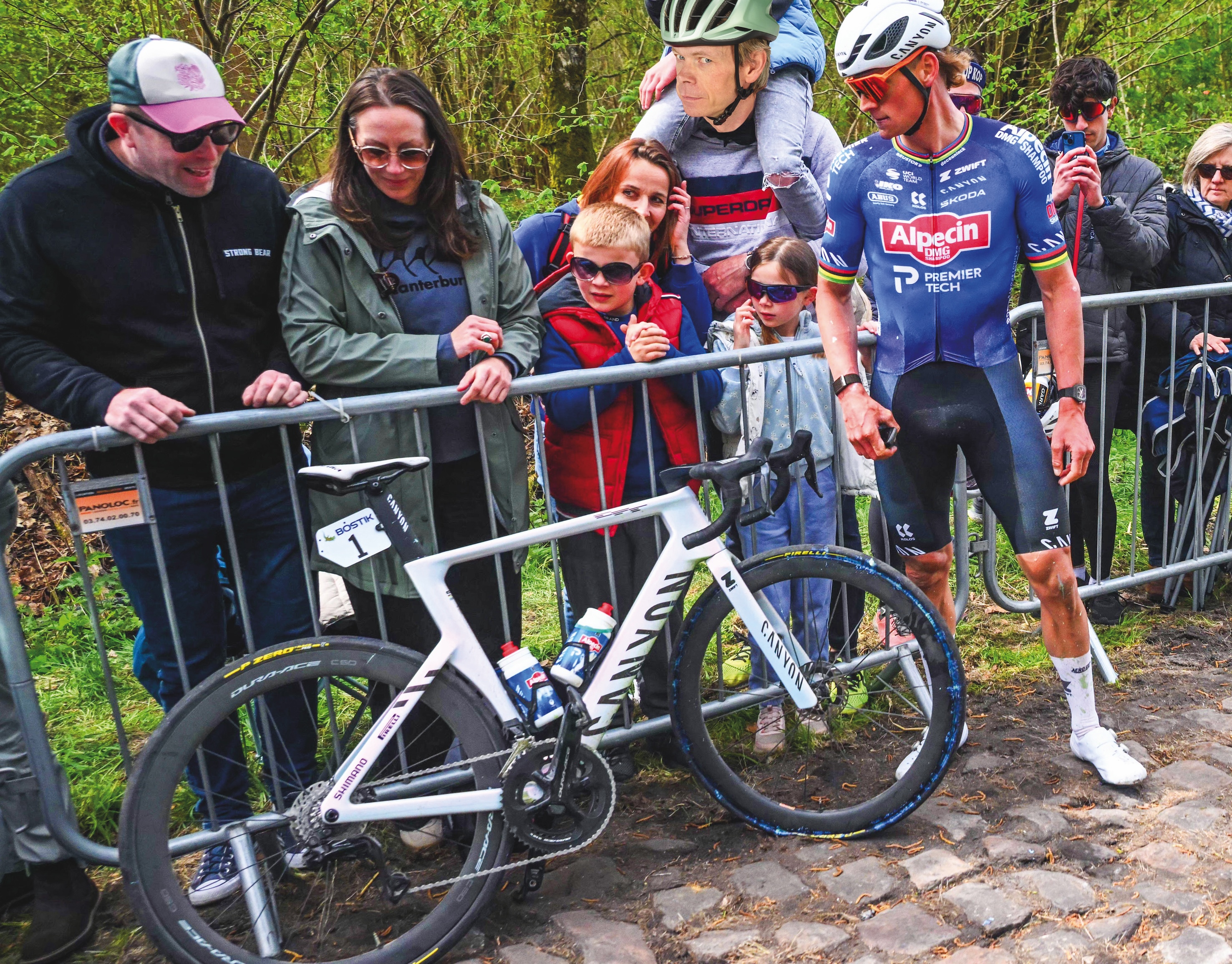 Mathieu van der Poel suffers a puncture at Paris-Roubaix