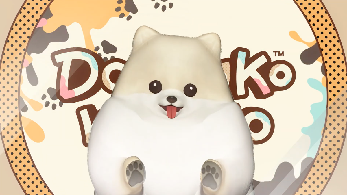 A cute Pomeranian jumps up on the camera in a screenshot from Doronko Wanko&#039;s trailer.