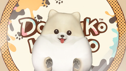 A cute Pomeranian jumps up on the camera in a screenshot from Doronko Wanko's trailer.