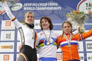 The women's podium: Hanka Kupfernagel (2nd, Germany), Marianne Vos (1st, Netherlands) and Daphny Van den Brand (3rd, Netherlands)