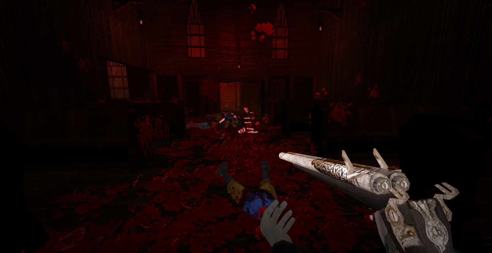 gameplay view reloading double barreled shotgun with church floor and pews covered in blood