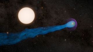 An Artist's impression of a giant tail of blue gas being blown away from an exoplanet with a sun-like star in the background